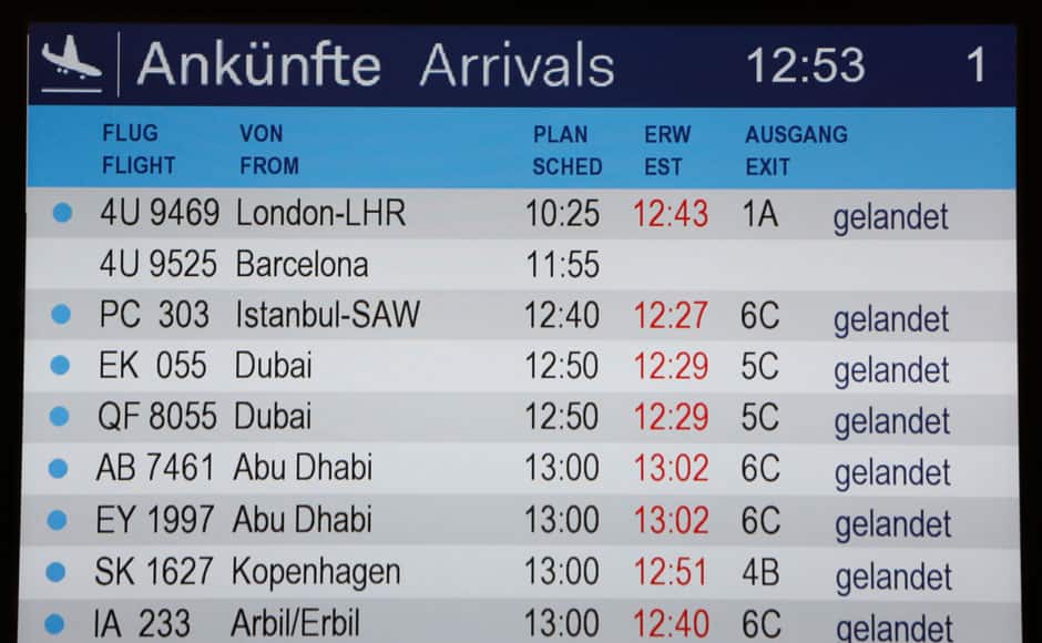 An information board for arrivals shows the flight 4U 9525 in Duesseldorf airport March 24, 2015. No one survived when an Airbus A320 passenger plane operated by Lufthansa's budget subsidiary Germanwings crashed in southern France while flying from Barcelona to Dusseldorf on Tuesday and it is likely to take days to recover the bodies of those on board due to difficult terrain, French police at the crash site said. REUTERS