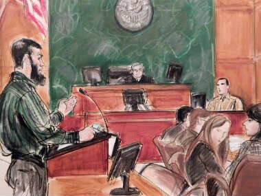 In this Feb. 18, 2015, courtroom file sketch, acting as his own attorney, Abid Naseer, left, questions Najibulla Zazi, center right, during Naseer’s trial on terrorism charges in the Brooklyn borough of New York. AP 