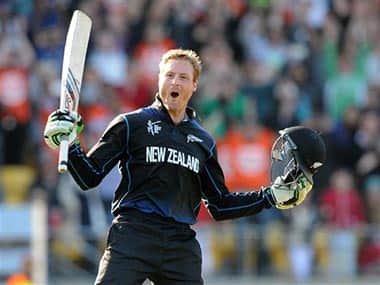 New Zealand’s Martin Guptill celebrates after scoring a double century while batting against the West Indies. AP