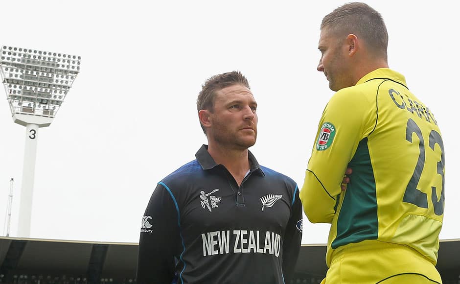 Clarke and McCullum have a chat after the photoshoot. McCullum will lead NZ in their first ever World Cup final. Getty Images