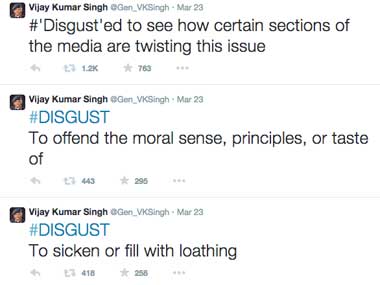VK Singh's excuse for #Disgust tweet: An overeager aide and an untimely phone call VK Singh's excuse for #Disgust tweet: An overeager aide and an untimely phone call