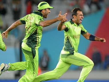 Wahab Riaz, right, celebrates with teammate Sohail Khan, left, as they celebrate their 29 run win over South Africa. AP 