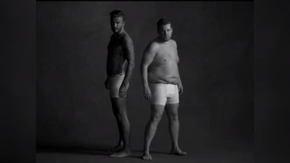 Watch: James Corden outshine David Beckham in an underwear ad spoof