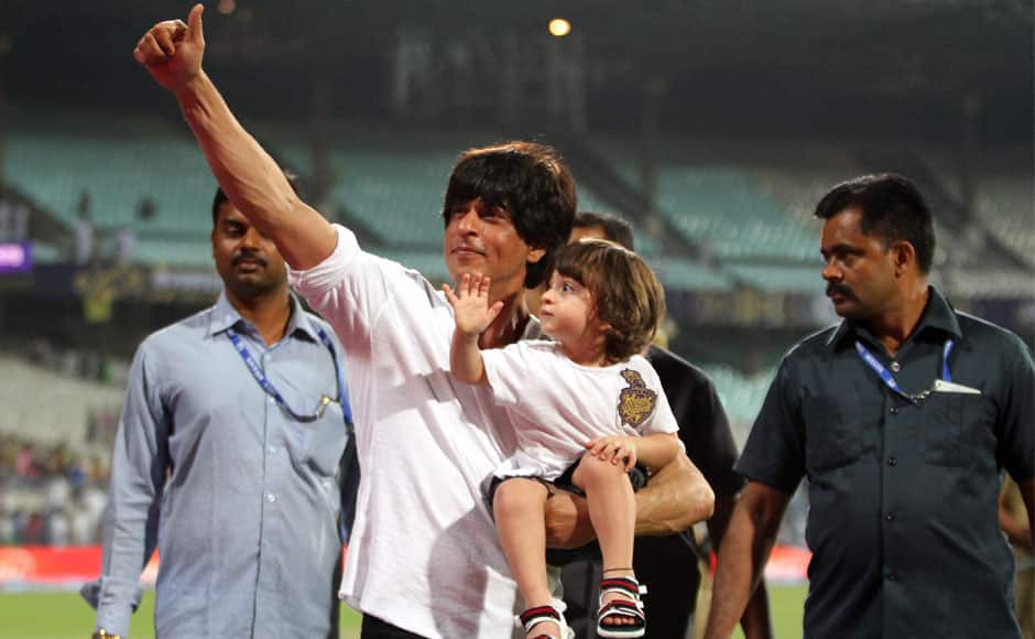 Kolkata Knight Riders Players co-owner shahrukh khan celebrating his team victory after match 1 of the Pepsi IPL 2015 (Indian Premier League) between The Kolkata Knight Riders and The Mumbai Indians held at Eden Gardens Stadium in Kolkata, India on the 8th April 2015. SPORTZPICS