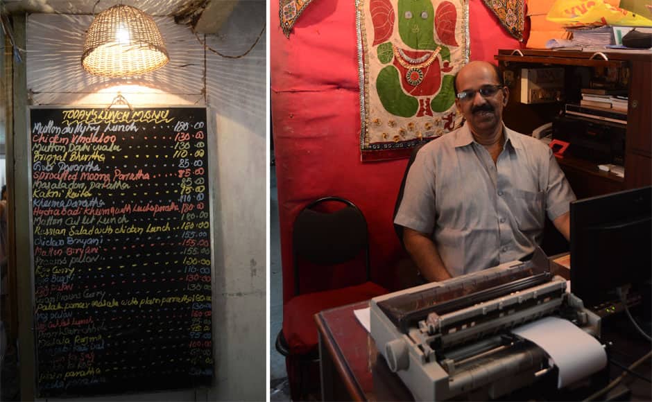 (L) The lunch menu is seen on the last day of Cafe Samovar, in Mumbai, India on March 31, 2015. (R) Cafe Samovar cashier Mohanan on the last day of Cafe Samovar, in Mumbai, India on March 31, 2015. Cafe Samovar, the 50 year old eatery, a cultural and tourist destination synonymous with art, culture, literature, theatre and an integral part of being a Mumbaikar, lost out on its space in Jehangir Art Gallery after a court order. Solaris Images
