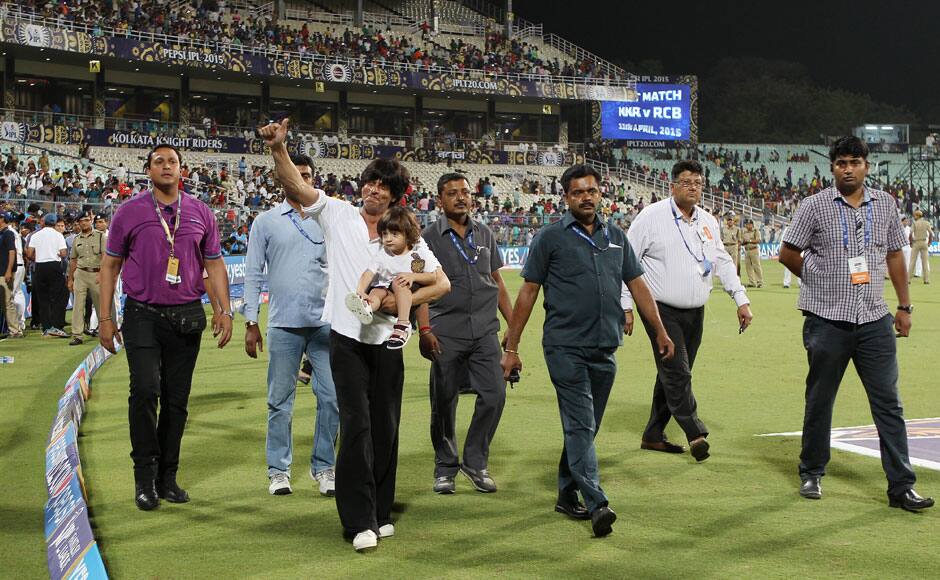 Kolkata Knight Riders Players co-owner shahrukh khan celebrating his team victory after match 1 of the Pepsi IPL 2015 (Indian Premier League) between The Kolkata Knight Riders and The Mumbai Indians held at Eden Gardens Stadium in Kolkata, India on the 8th April 2015. SPORTZPICS