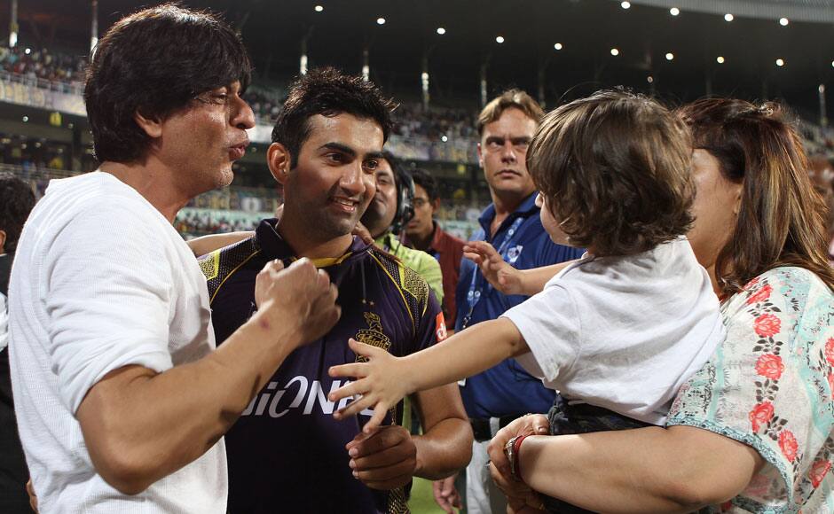 Shah Rukh Khan and Gautam Gambhir during match 1 of the Pepsi IPL 2015 (Indian Premier League) between The Kolkata Knight Riders and The Mumbai Indians held at Eden Gardens Stadium in Kolkata, India on the 8th April 2015. SPORTZPICS