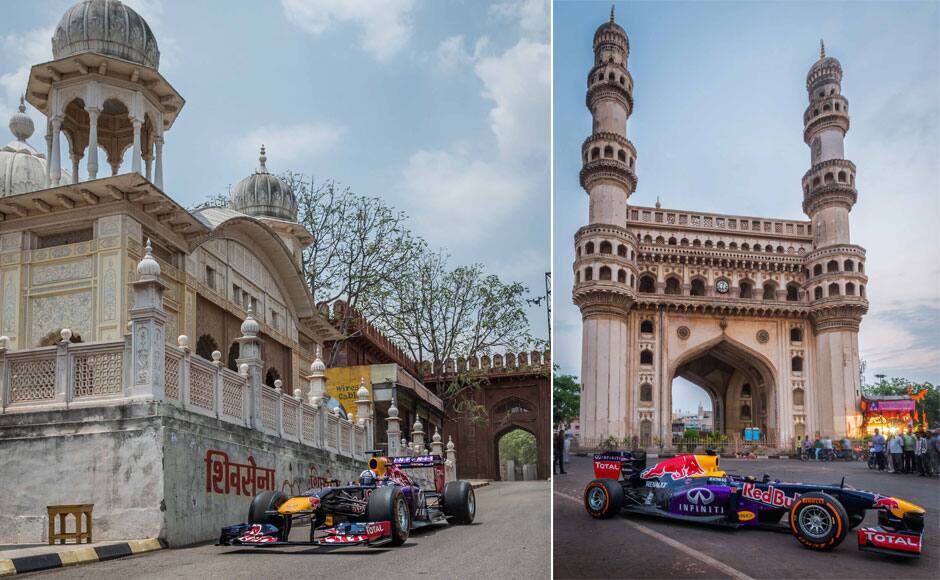 Former Formula One racing driver David Coulthard of the Infiniti Red Bull Racing team, drives through Ramoji film city in Hyderabad, India on April 5, 2015. The extreme noise of the F1 car coupled with the driving expertise of the legendary 13-time Grand Prix winner David Coulthard who touched a top speed of 282 kph, made the Red Bull F1 Show Run of Hyderabad an unforgettable experience for motorsports enthusiasts. The event was flagged offf by Tollywood actor Akkineni Nagarjuna. Solaris Images
