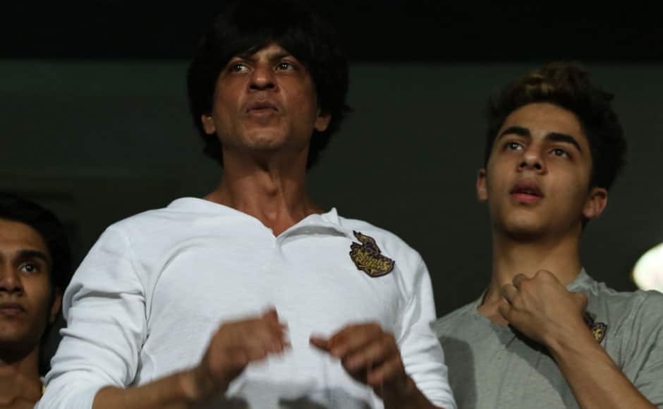 KKR co owner SRK(L) with his Son during match 1 of the Pepsi IPL 2015 (Indian Premier League) between The Kolkata Knight Riders and The Mumbai Indians held at Eden Gardens Stadium in Kolkata, India on the 8th April 2015. SPORTZPICS