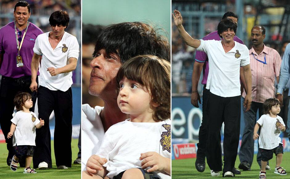 Kolkata Knight Riders Players co-owner shahrukh khan celebrating his team victory after match 1 of the Pepsi IPL 2015 (Indian Premier League) between The Kolkata Knight Riders and The Mumbai Indians held at Eden Gardens Stadium in Kolkata, India on the 8th April 2015. SPORTZPICS/ PTI
