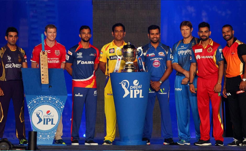 Kolkata: Captain from all IPL team with IPL Trophy during the Pepsi IPL 2015 opening night event held at the Salt Lake Stadium in Kolkata on Tuesday.PTI 