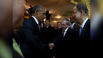 Historic handshake: Obama shakes hands with Cuban President Raul Castro, sets stage for reconciliation