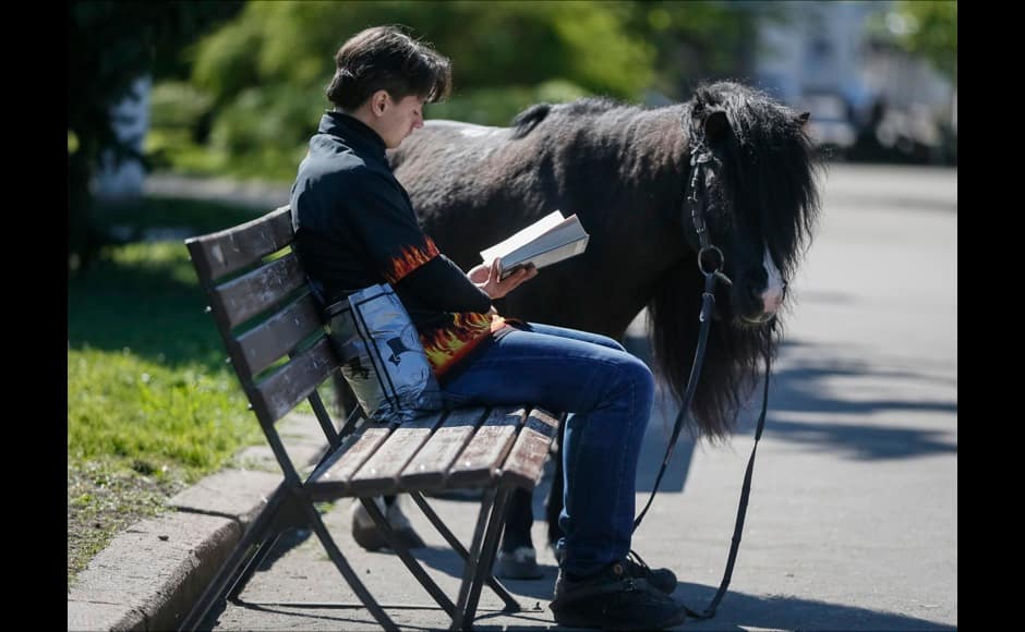 A man reads a book as his pony waits nearby, in central of Slaviansk April 26, 2014. REUTERS