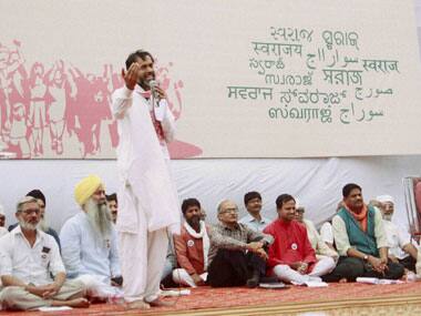 Senior AAP leader Yogendra Yadav addresses the Swaraj Samvad as Prashant Bhushan and other leaders look on in Gurgaon on Tuesday. PTI
