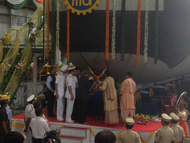 Defence min Manohar Parikkar undocks first indigenously-built Scorpene submarine Defence min Manohar Parikkar undocks first indigenously-built Scorpene submarine