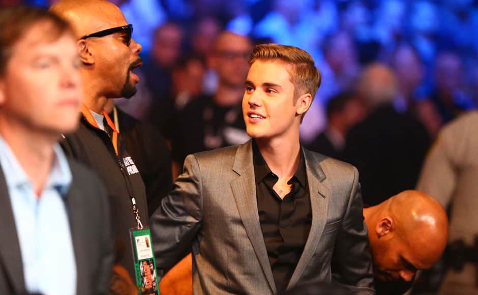 Las Vegas, NV, USA; Justin Bieber in attendance during the world welterweight championship bout between Floyd Mayweather and Manny Pacquiao at MGM Grand Garden Arena. Photo Credit: Mark J. Rebilas-USA TODAY Sports