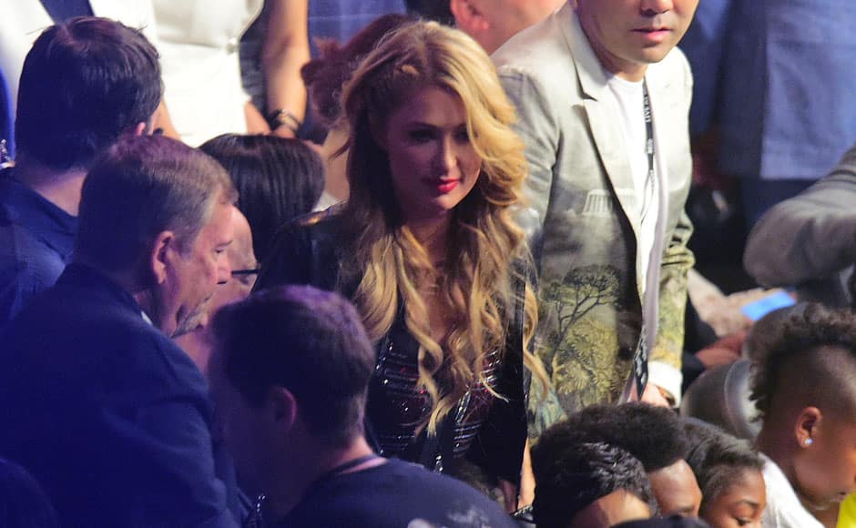 Las Vegas, NV, USA; Paris Hilton attends the world welterweight championship bout between Floyd Mayweather (not pictured) and Manny Pacquiao (not pictured) at MGM Grand Garden Arena. Photo Credit: Joe Camporeale-USA TODAY Sports