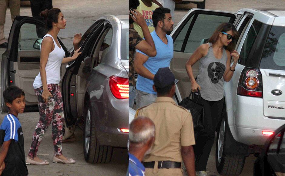 Bollywood actor Malaika Arora Khan and Amrita Arora arrives at Salman Khan Bandra residence after he was granted interim bail till May 8 by the Bombay High Court in a 2002 hit-and-run case in Mumbai, India on May 6, 2015. (Nikesh Gurav/SOLARIS IMAGES)