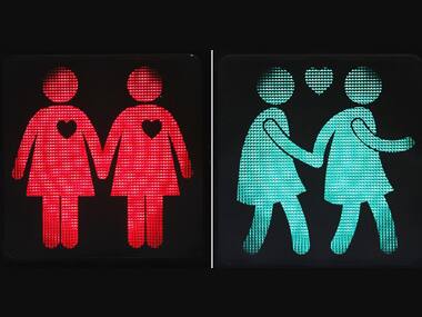 Traffic light depicting same-sex couples in Vienna. Getty images.