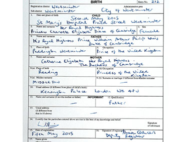Princess Charlotte's birth certificate: Parents' occupation listed as Prince and Princess of the UK Princess Charlotte's birth certificate: Parents' occupation listed as Prince and Princess of the UK