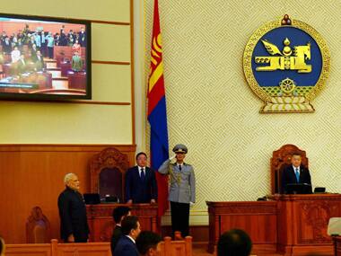 Prime Minster Narendra Modi at the Mongolian Parliament at Ulan Bator in Mongolia on Sunday. PTI