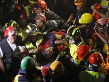 Krishna Devi Khadka was rescued on Thursday from a building that collapsed in Saturday’s earthquake in Kathmandu. AP 