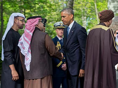 Obama, center, bids farewell to Abu Dhabi crown prince Sheikh Mohammed bin Zayed Al Nahyan; Bahrain Crown Prince Prince Salman bin Hamad Al-Khalif and Deputy Prime Minister of Oman, Sayyid Fahad Bin Mahmood Al Said. AP