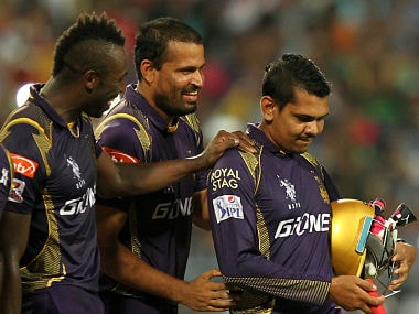 KKR's Andre Russell, Yusuf Pathan and Sunil Narine. Sportzpics