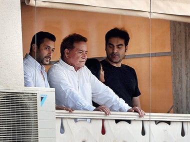 Salman with father Salim Khan and brother Arbaaaz at his residence after returning from the Sessions court in Mumbai. PTI