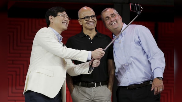 Picture perfect: Microsoft's Nadella, Lenovo's Yuanqing and Intel CEO Krzanich spotted taking a selfie