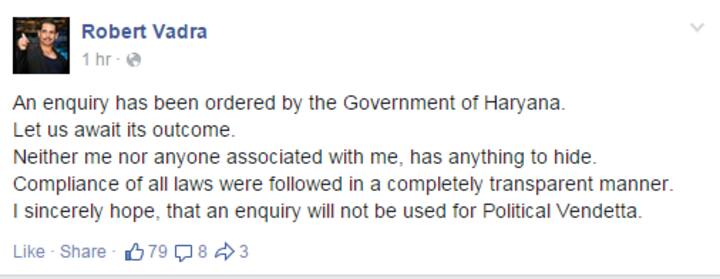 Neither me nor my associates has anything to hide on land deal, says Robert Vadra in FB post
