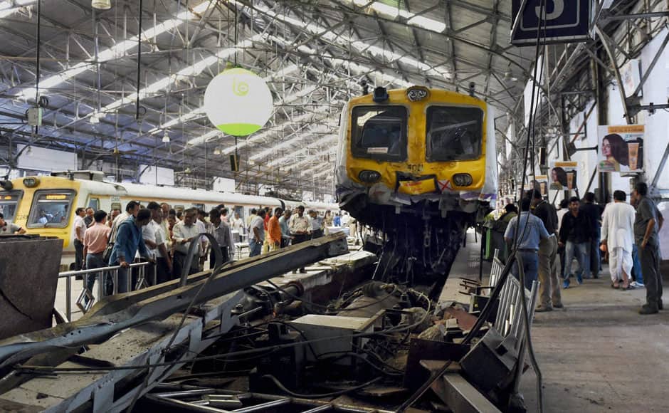 Mumbai: Wrecked engine of a local train that derailed from its platform after the driver lost control at Churchgate station in Mumbai on Sunday. PTI