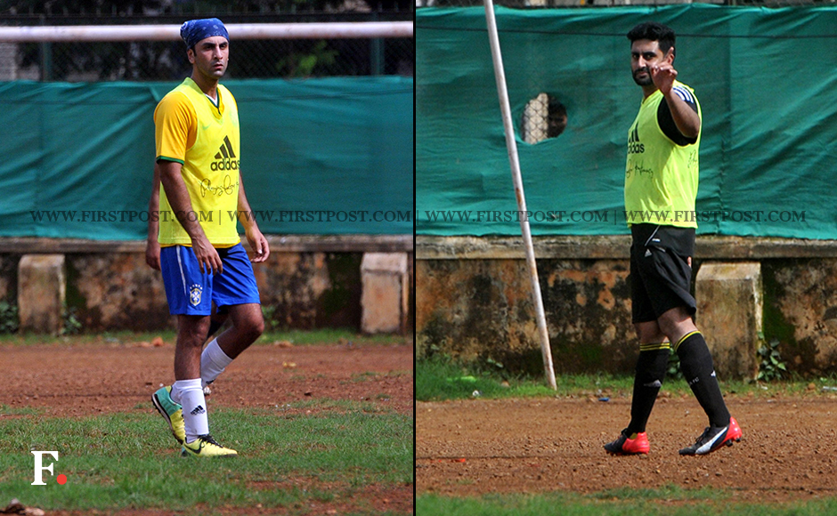 Kapoor vs Bachchan: Ranbir and Abhishek play a friendly game of football Kapoor vs Bachchan: Ranbir and Abhishek play a friendly game of football