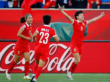 Wang Shanshan #9 of China PR celebrates scoring their second goal against New Zealand. Getty 