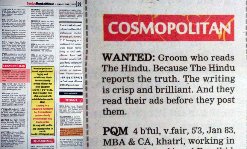 Trolled! A fan of The Hindu posts matrimonial ad in Mumbai Mirror mocking TOI Trolled! A fan of The Hindu posts matrimonial ad in Mumbai Mirror mocking TOI