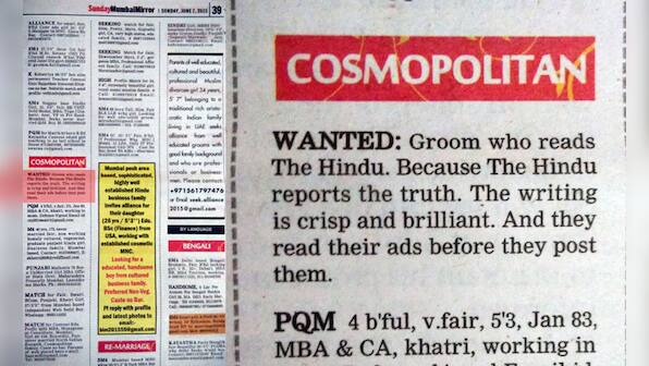 Trolled! A fan of The Hindu posts matrimonial ad in Mumbai Mirror mocking TOI