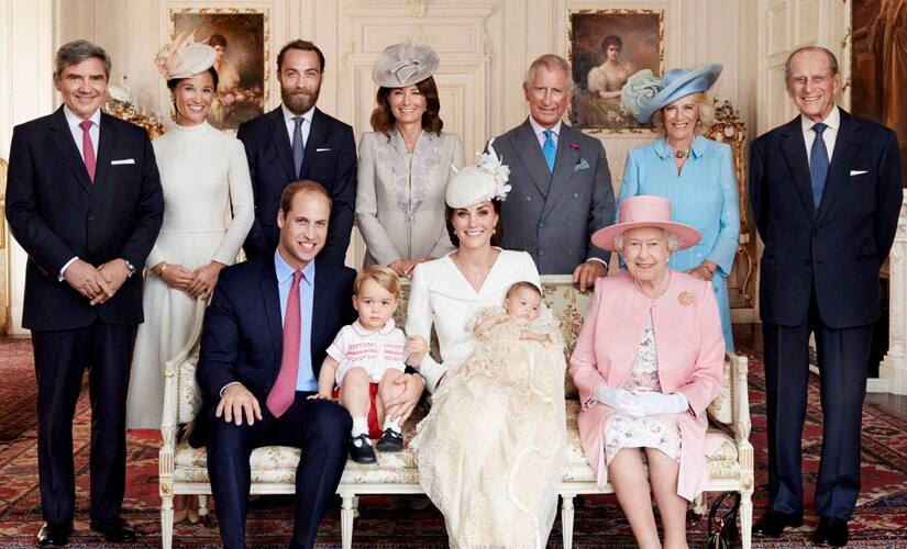 This one's for the palace wall: Princess Charlotte surrounded by her family including great-grandmother Queen Elizabeth at her christening. 