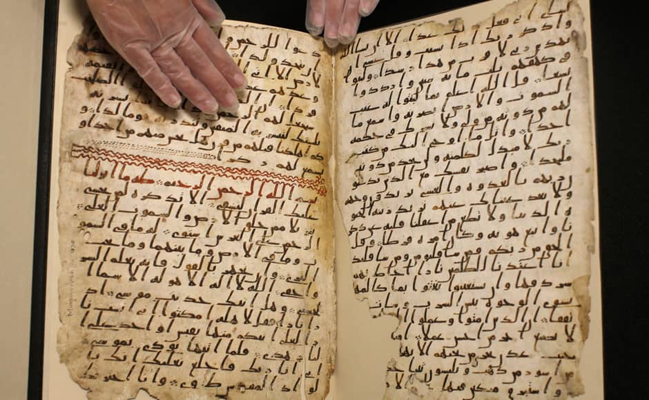 A fragment of a Koran manuscript is seen in the library at the University of Birmingham in Britain July 22, 2015. A British university said on Wednesday that fragments of a Koran manuscript found in its library were from one of the oldest surviving copies of the Islamic text in the world, possibly written by someone who might have known Prophet Mohammad. Radiocarbon dating indicated that the parchment folios held by the University of Birmingham in central England were at least 1,370 years old, which would make them one of the earliest written forms of the Islamic holy book in existence. REUTERS