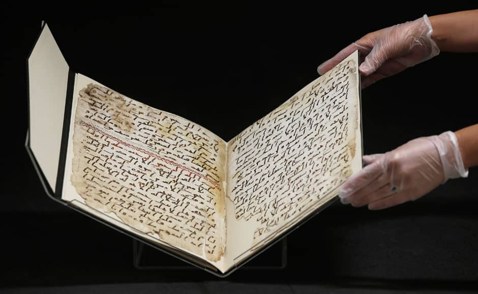 A fragment of a Koran manuscript is seen in the library at the University of Birmingham in Britain July 22, 2015. A British university said on Wednesday that fragments of a Koran manuscript found in its library were from one of the oldest surviving copies of the Islamic text in the world, possibly written by someone who might have known Prophet Mohammad. Radiocarbon dating indicated that the parchment folios held by the University of Birmingham in central England were at least 1,370 years old, which would make them one of the earliest written forms of the Islamic holy book in existence. REUTERS