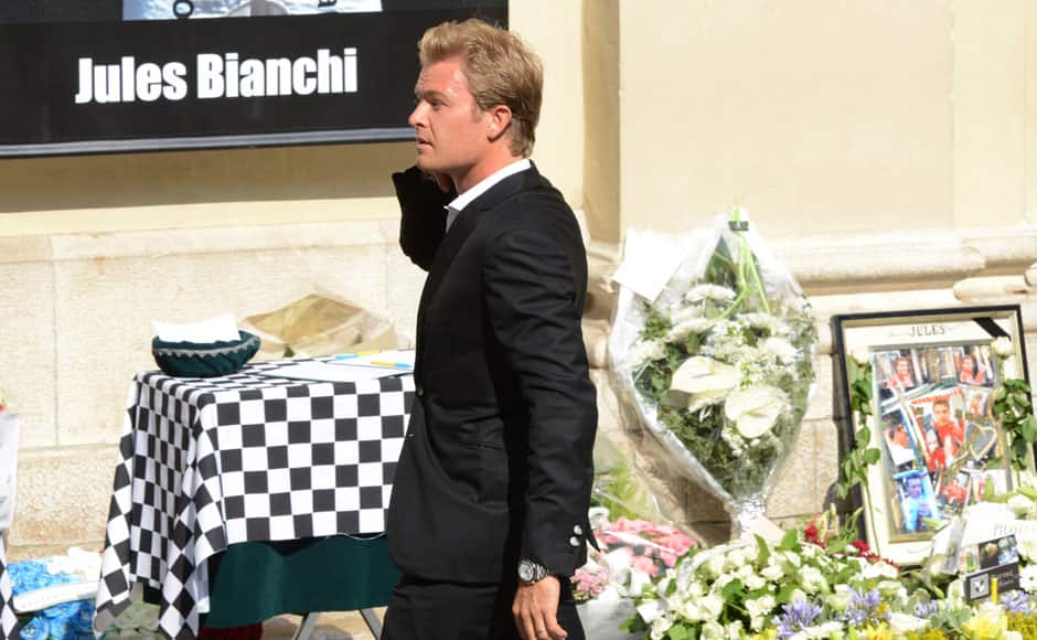 Formula One driver Nico Rosberg arrives to attend the funeral ceremony for late Marussia F1 driver Jules Bianchi at the Sainte Reparate Cathedral in Nice, France, July 21, 2015. Bianchi, 25, died in hospital in Nice on Friday, nine months after his crash at Suzuka in Japan and without regaining consciousness. REUTERS