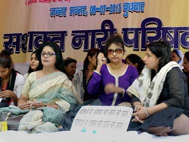 DCW chairperson Barkha Singh, MLA Somnath Bharti's wife and others at a protest at Jantar Mantar, New Delhi on Wednesday. PTI 