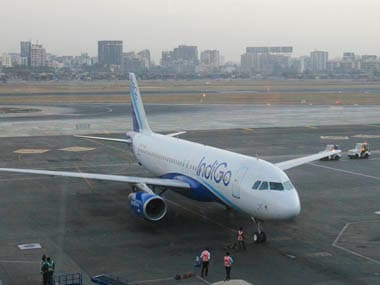An IndiGo Airlines aircraft arrives at a gate of the domestic airport in Mumbai