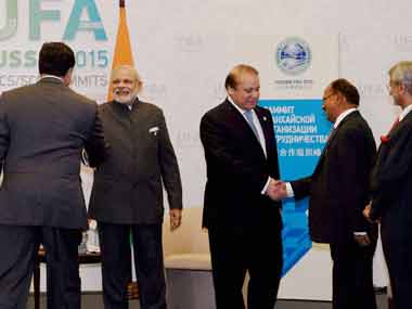 Modi and Sharif at the meet today. PTI image
