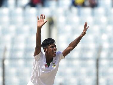 Mustafizur Rahman appeals successfully for leg before wicket decision against Jean-Paul Duminy. afp