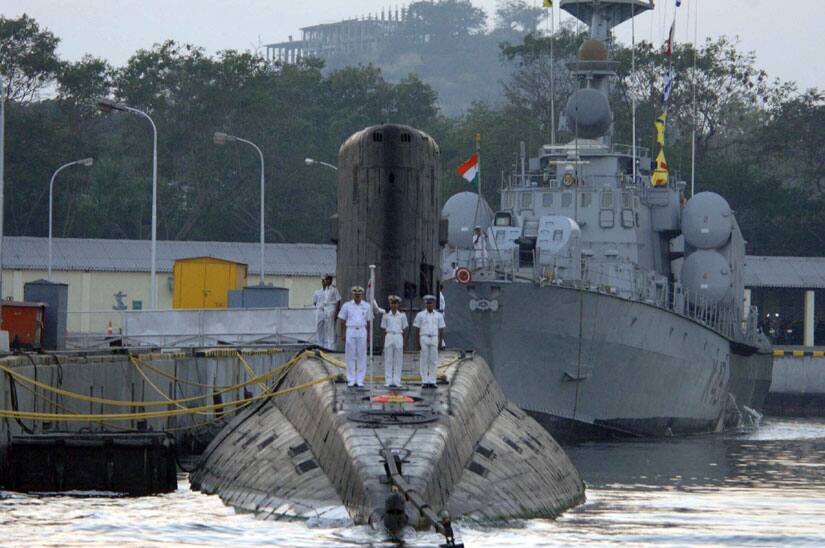 An Indian Navy submarine anchored at Eastern Naval Command in Vishakhapattanam. Image courtesy PIB 