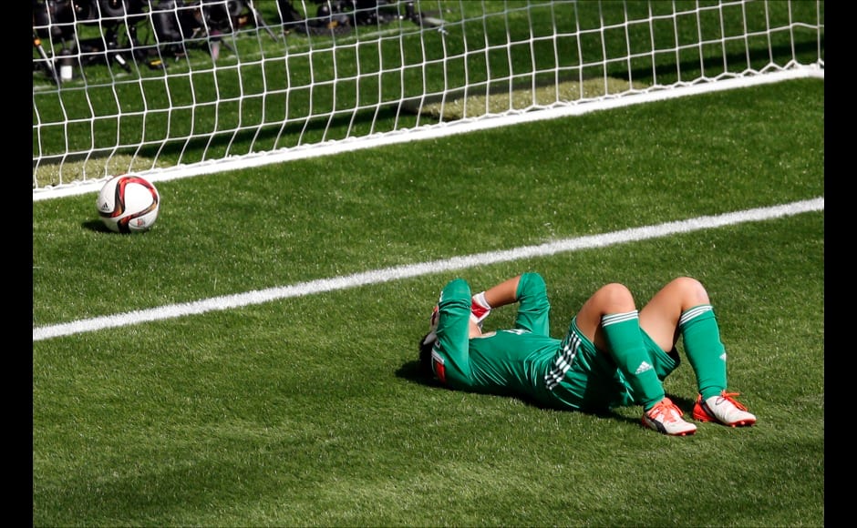 Jul 5, 2015; Vancouver, British Columbia, CAN; Japan goalkeeper Ayumi Kaihori (18) reacts after giving up a goal to the United States during the first half of the final of the FIFA 2015 Women's World Cup at BC Place Stadium. Mandatory Credit: Erich Schlegel-USA TODAY Sports - RTX1J4Z6