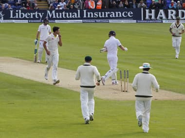  Mitchell Starc (4th L) gestures to England’s Ben Stokes (3rd R) after bowling him for 52 runs during play on the first day of the opening Ashes cricket test. AFP Photos