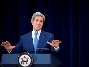 Secretary of State John Kerry speaks during a news conference at the State Department in Washington on Monday. AP
