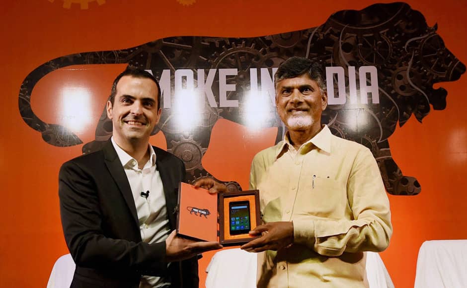 Visakhapatnam: Andhra Pradesh Chief Minister N Chandrababu Naidu with Hugo Barra, VP Global Xiaomi during the launch of India’s first Xiaomi-manufactured smart phone in Visakhapatnam on Monday. PTI