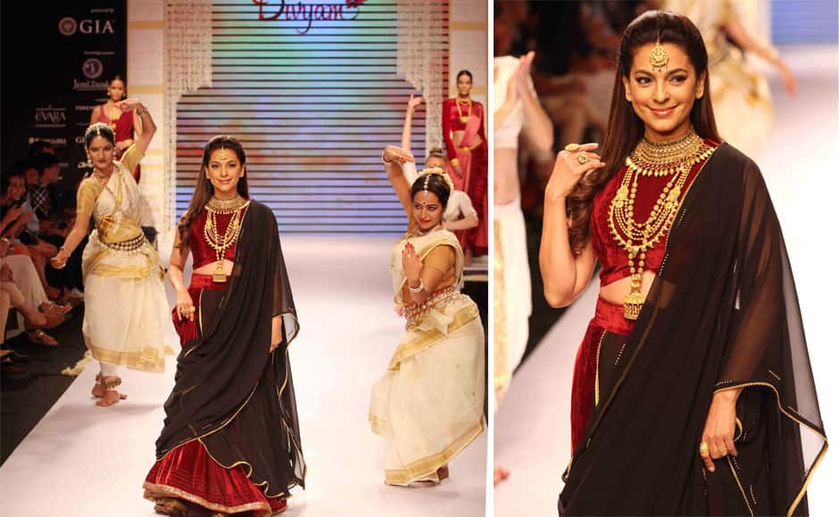 Bollywood actor Juhi Chawla displays creation of by Tanishq during India International Jewellery Week 2015, in Mumbai, India on August 3, 2015. Solaris Images